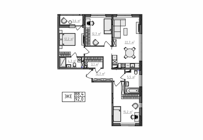 . Вариант № 130657, 3, площадь - 90.2 квм, цена 10373000 рублей
