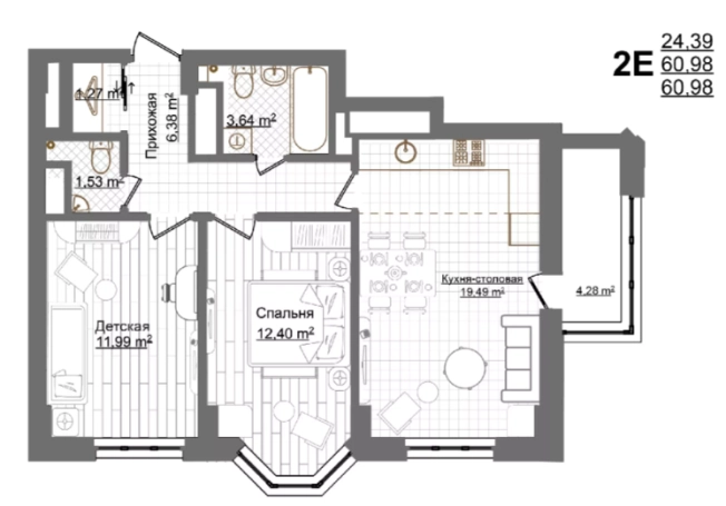 . Вариант № 119979, 0, площадь - 60.98 квм, цена 10305620 рублей