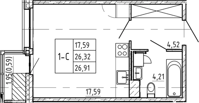 . Вариант № 7598148, 0, площадь - 26.32 квм, цена 13633215 рублей