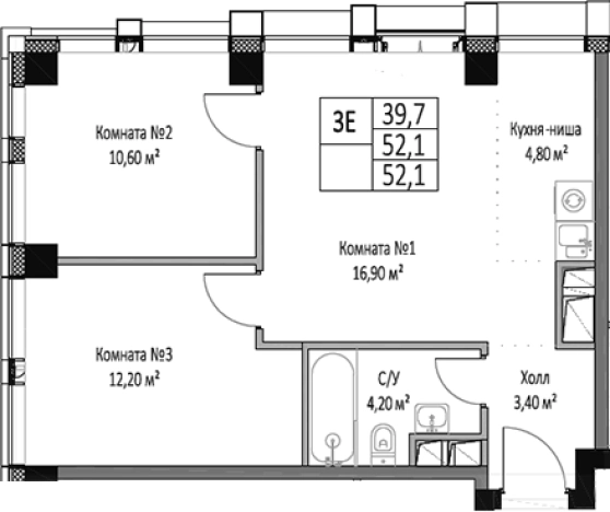 . Вариант № 7725167, 0, площадь - 52.1 квм, цена 24799600 рублей