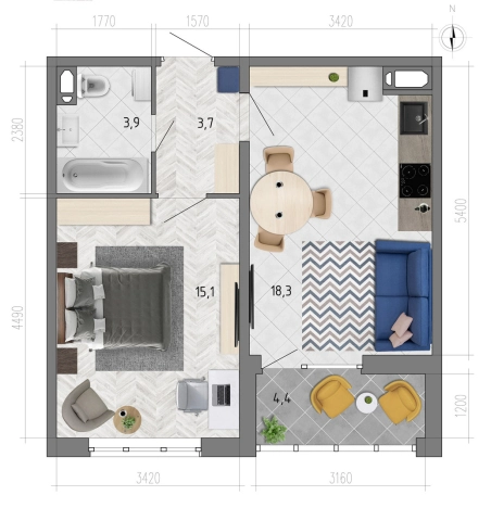 Купить однокомнатную квартиру на улице Федора Тютчева в Воронеже. Вариант № 3021855, 0, площадь -  квм, цена 4638445 рублей