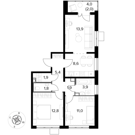 Купить трехкомнатную квартиру у метро Домодедовская в Видном. Вариант № 9905003, 0, площадь -  квм, цена 16836480 рублей