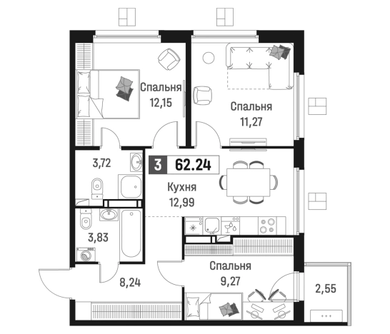 . Вариант № 6867536, 0, площадь - 61.47 квм, цена 11933859 рублей