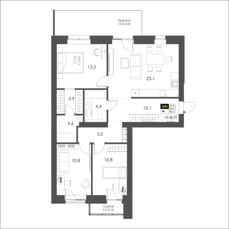 . Вариант № 123882, 1, площадь - 100.8 квм, цена 11837000 рублей