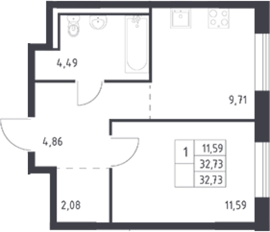 . Вариант № 6708121, 0, площадь - 32.73 квм, цена 4508682 рублей