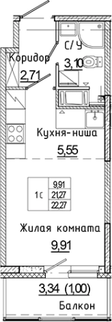 . Вариант № 6227056, 0, площадь - 21.27 квм, цена 3485957 рублей