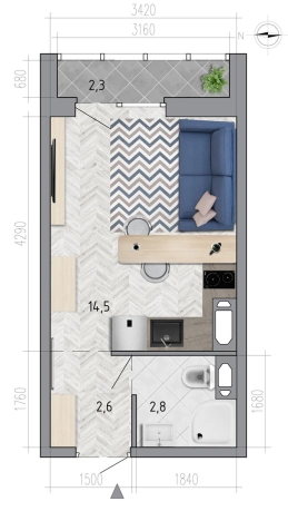 Купить Студию на улице Федора Тютчева в Воронеже. Вариант № 91459, 0, площадь - квм, цена 2782431 рублей