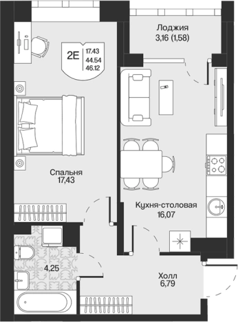 . Вариант № 7261403, 0, площадь - 44.54 квм, цена 10429645 рублей