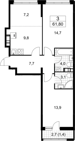 . Вариант № 3951742, 0, площадь - 60.4 квм, цена 12979339 рублей