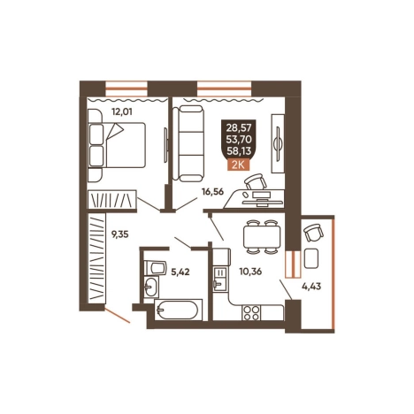 . Вариант № 8881601, 0, площадь - 58.13 квм, цена 6540000 рублей