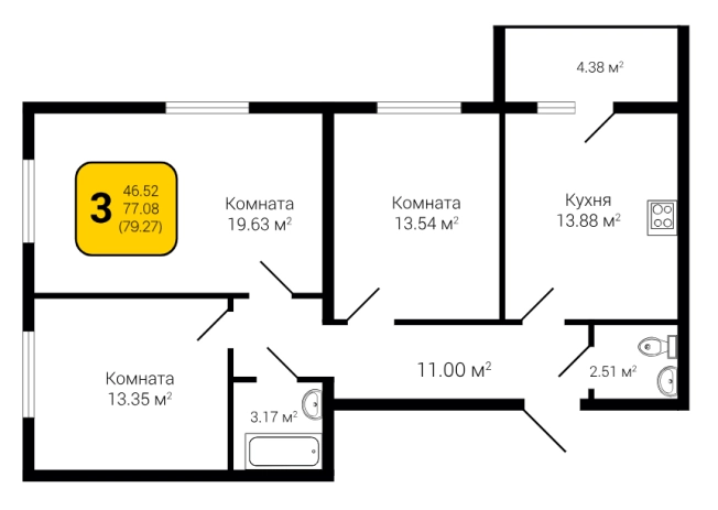 Купить трехкомнатную квартиру в новостройках в Воронежской области. Вариант № 1166732, 1, площадь -  квм, цена 8323350 рублей