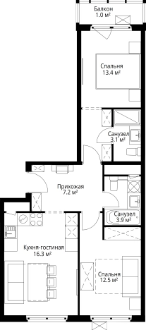 . Вариант № 4003671, 0, площадь - 57.4 квм, цена 15862605 рублей