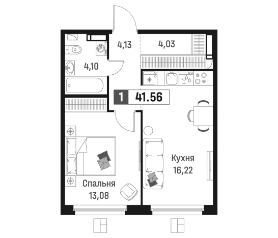 . Вариант № 6867681, 0, площадь - 41.56 квм, цена 7872981 рублей