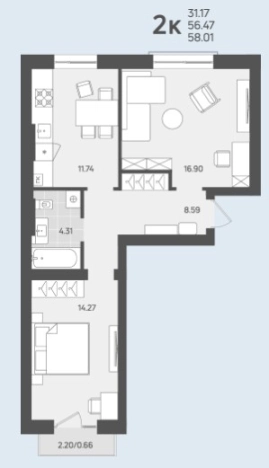 Купить двухкомнатную квартиру в новостройках в районе Центральный в Калининграде. Вариант № 103948, 0, площадь -  квм, цена 5364650 рублей