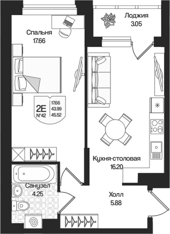. Вариант № 7261475, 0, площадь - 43.99 квм, цена 10094077 рублей