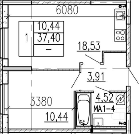 . Вариант № 9095257, 0, площадь - 37.4 квм, цена 4488850 рублей