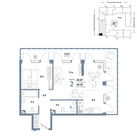 . Вариант № 10356882, 0, площадь - 60.87 квм, цена 34190000 рублей