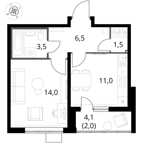 Купить однокомнатную квартиру в ЖК 1-й Южный в Видном. Вариант № 9802063, 0, площадь -  квм, цена 13144320 рублей