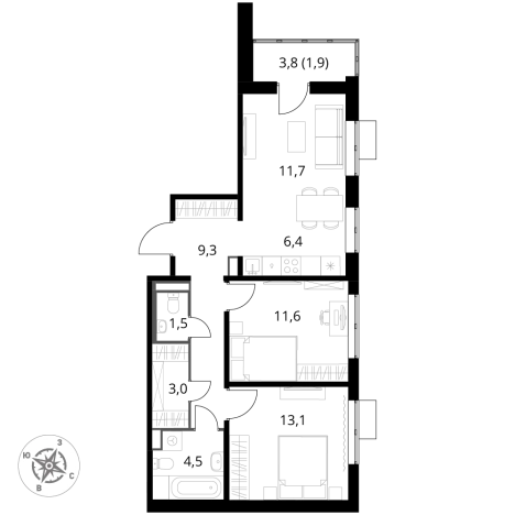 Купить трехкомнатную квартиру у метро Домодедовская в Видном. Вариант № 9905626, 0, площадь -  квм, цена 17564400 рублей