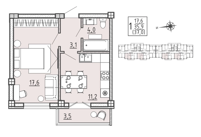 Купить однокомнатную квартиру в ЖК Ю в Воронеже. Вариант № 2898560, 0, площадь -  квм, цена 4162500 рублей