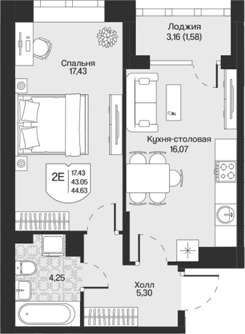 . Вариант № 7261300, 0, площадь - 43.05 квм, цена 10092694 рублей