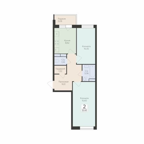 . Вариант № 145768, 0, площадь - 51.43 квм, цена 7241344 рублей