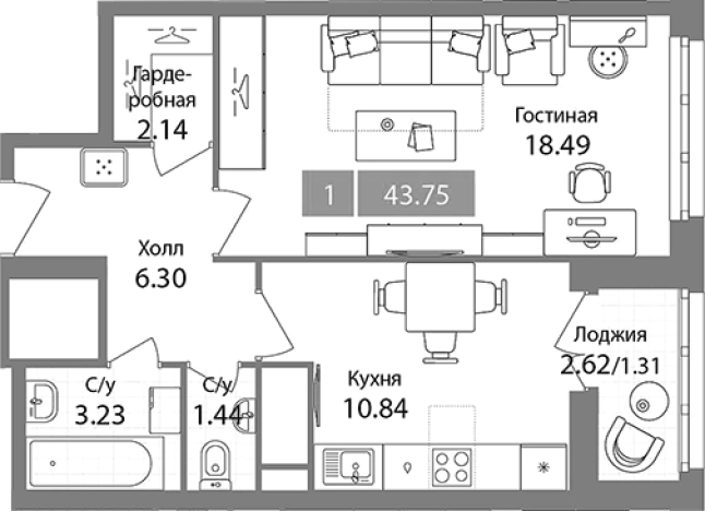 . Вариант № 96215, 0, площадь - 42.44 квм, цена 12790953 рублей