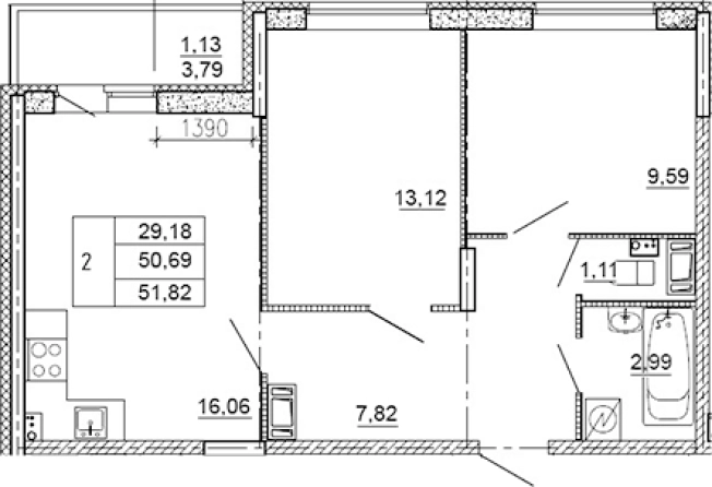 . Вариант № 7603246, 0, площадь - 50.69 квм, цена 7818000 рублей