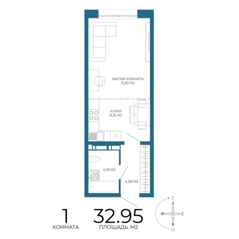 . Вариант № 3435807, 0, площадь - 32.95 квм, цена 3031400 рублей