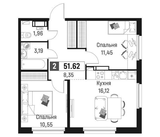 . Вариант № 6867725, 0, площадь - 51.62 квм, цена 9789049 рублей