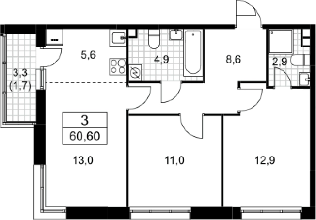 . Вариант № 3951958, 0, площадь - 58.9 квм, цена 10453471 рублей