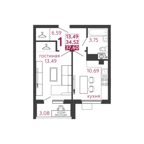 Купить однокомнатную квартиру в ЖК Жилой комплекс "Илмари" в Пензе. Вариант № 120763, 1, площадь - квм, цена 3496800 рублей