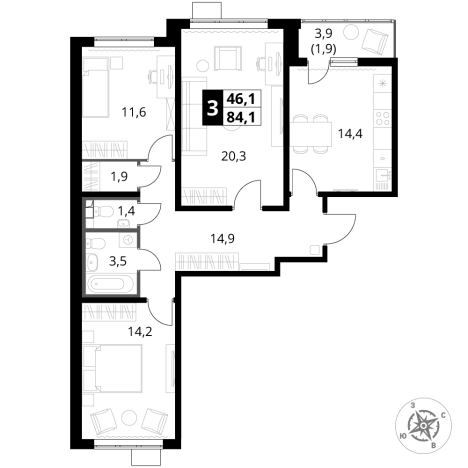Купить трехкомнатную квартиру в Видном. Вариант № 9801335, 0, площадь -  квм, цена 20722240 рублей