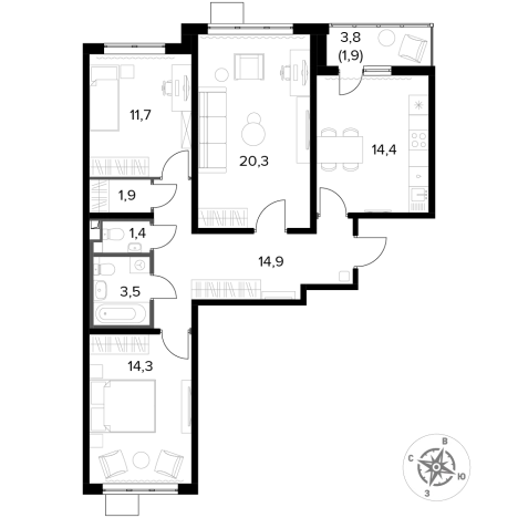 Купить трехкомнатную квартиру у метро Домодедовская в Видном. Вариант № 9904988, 0, площадь -  квм, цена 18908490 рублей