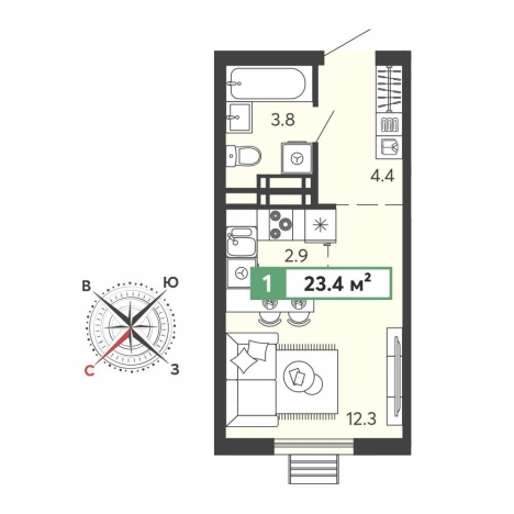 . Вариант № 783492, 0, площадь - 23.4 квм, цена 2286180 рублей