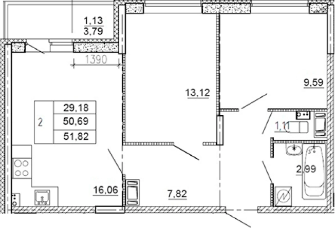 . Вариант № 7603331, 0, площадь - 50.69 квм, цена 7818000 рублей