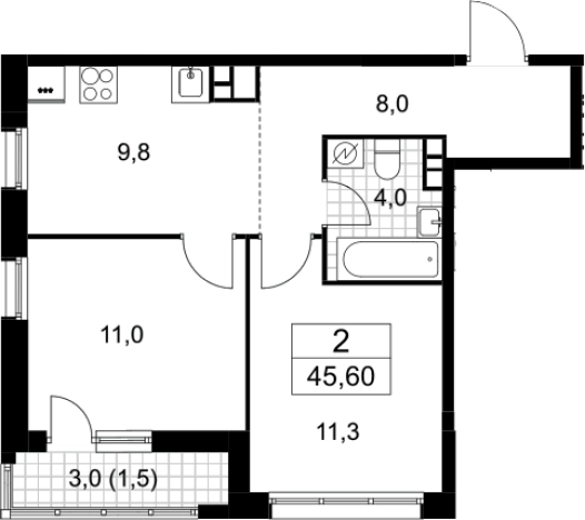 . Вариант № 3951672, 0, площадь - 44.1 квм, цена 10365363 рублей