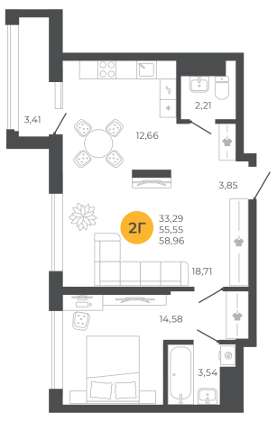 . Вариант № 2103422, 0, площадь - 57.26 квм, цена 6298600 рублей
