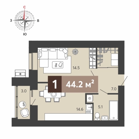 Купить однокомнатную квартиру в ЖК Жилой комплекс "Balance" в Пензенской области. Вариант № 86688, 0, площадь -  квм, цена 4632950 рублей