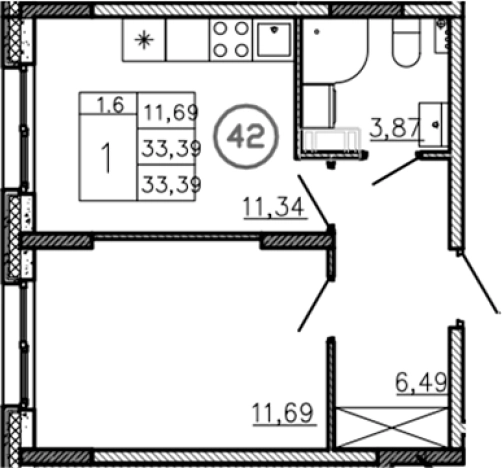 . Вариант № 6228163, 0, площадь - 33.39 квм, цена 3789850 рублей