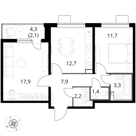 Купить двухкомнатную квартиру в Видном. Вариант № 9805989, 0, площадь -  квм, цена 18285540 рублей