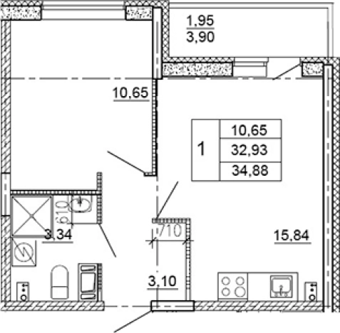 . Вариант № 7603495, 0, площадь - 32.93 квм, цена 4858440 рублей
