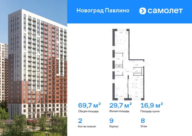 Купить двухкомнатную квартиру на улице Юбилейный проспект в Реутове. Вариант № 9343341, 0, площадь -  квм, цена 14971884 рублей