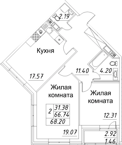 Купить двухкомнатную квартиру на улице проспект Авиаконструкторов в Санкт-Петербурге. Вариант № 67867, 0, площадь -  квм, цена 18883312 рублей