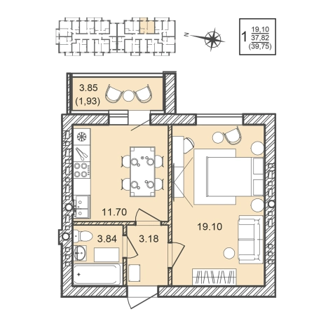 . Вариант № 1167732, 0, площадь - 39.75 квм, цена 5596840 рублей