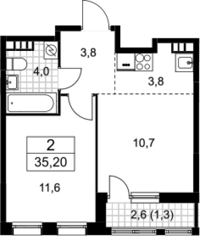. Вариант № 3952000, 0, площадь - 33.9 квм, цена 7780893 рублей