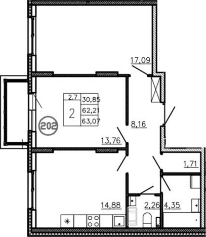 . Вариант № 6227781, 0, площадь - 62.21 квм, цена 7468400 рублей