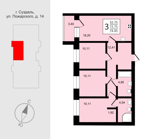 . Вариант № 165079, 1, площадь - 74.45 квм, цена 11398295 рублей