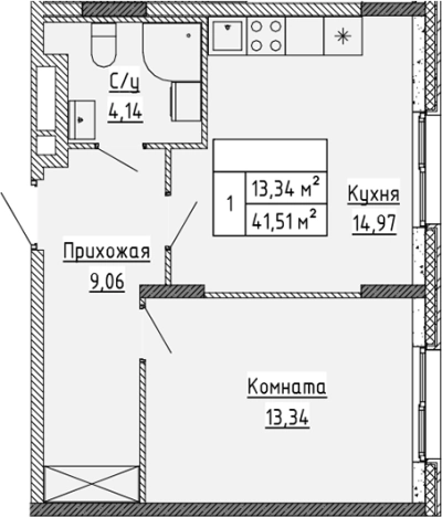 . Вариант № 6228203, 0, площадь - 41.51 квм, цена 4723650 рублей