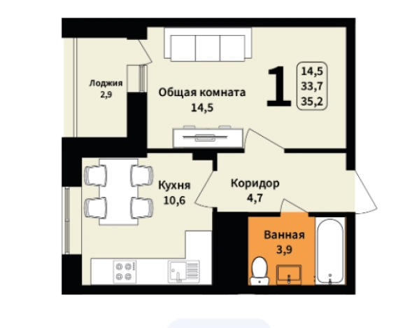 Купить однокомнатную квартиру в Микрорайоне Солнечный в Белгороде. Вариант № 17955, 0, площадь -  квм, цена 5089000 рублей